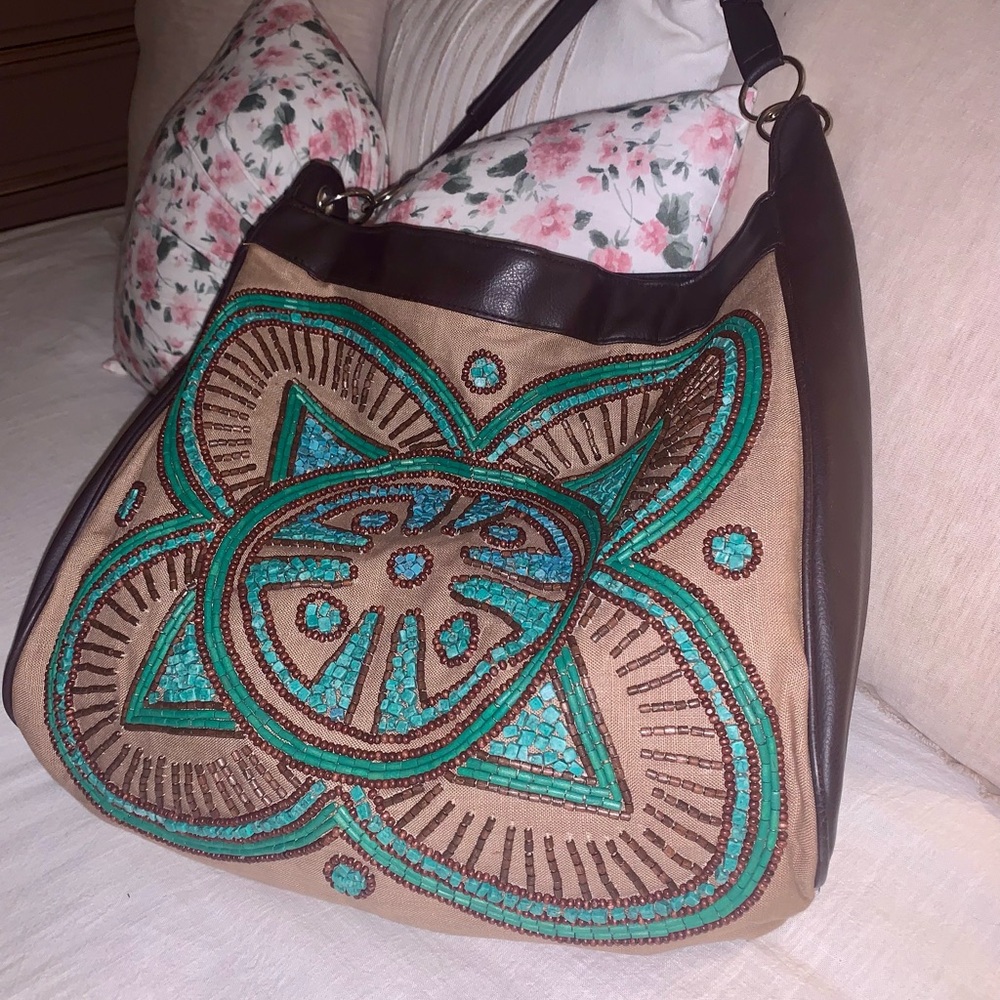 Chicos large Beaded brown and turquoise purse, like new
